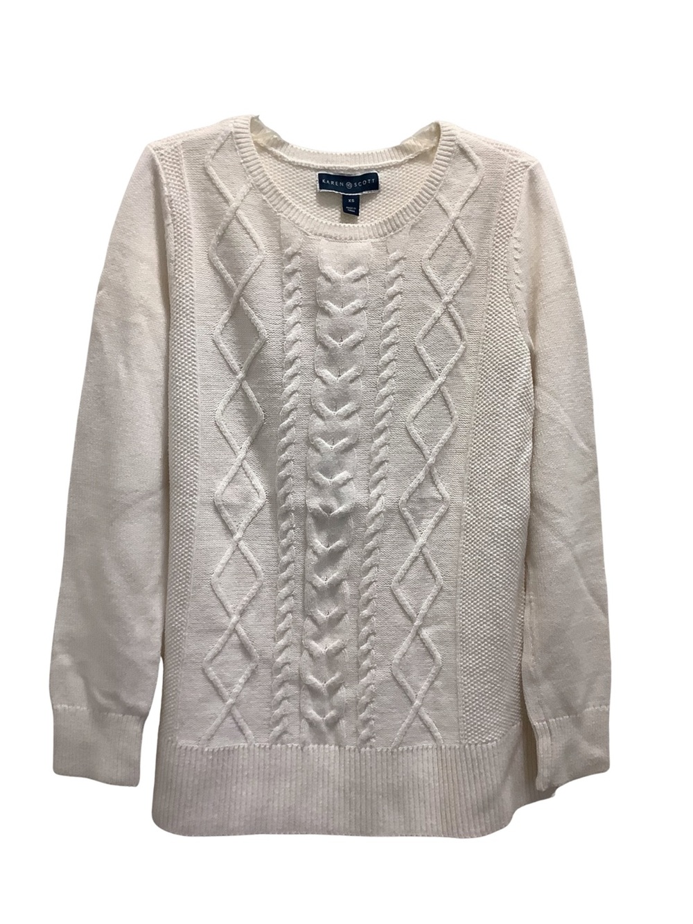 Karen Scott Cream Cable Knit Crewneck Pullover Sweater White Textured XS
